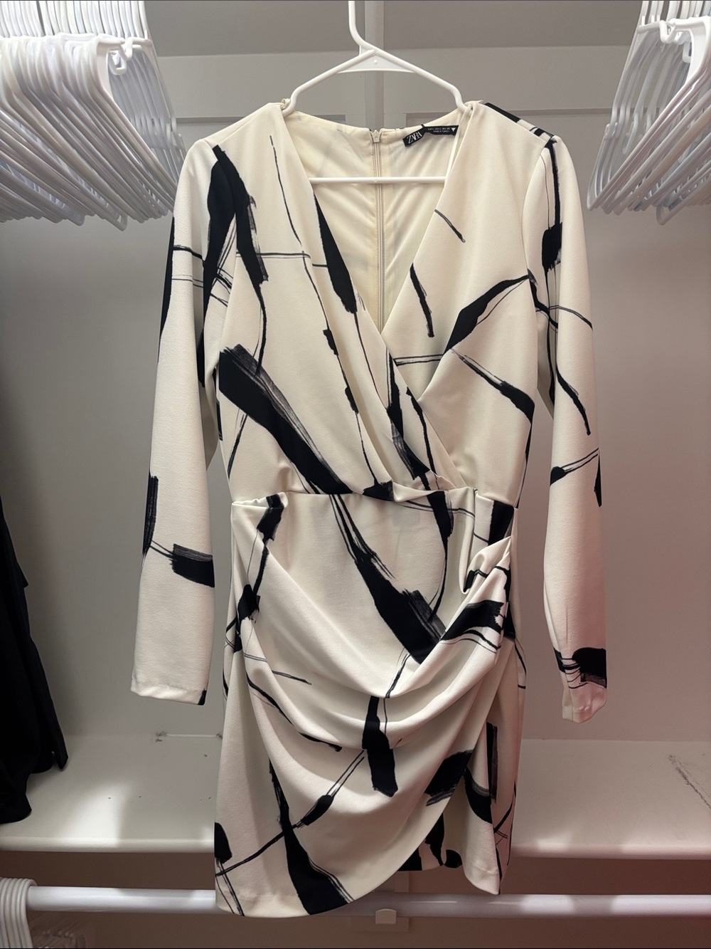 Zara Black & White Abstract Wrap-Style Long Sleeve Dress